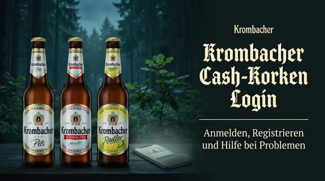 Drei Krombacher-Flaschen neben einem Smartphone mit Anmeldemaske, Titel „Krombacher Cash-Korken Login“