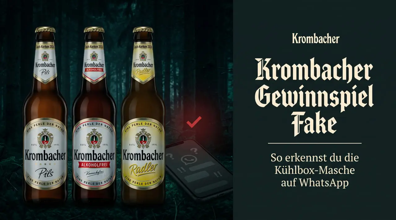 Krombacher-Flaschen neben einem Smartphone mit WhatsApp-Symbol und Fragezeichen, Titel „Krombacher Gewinnspiel Fake“