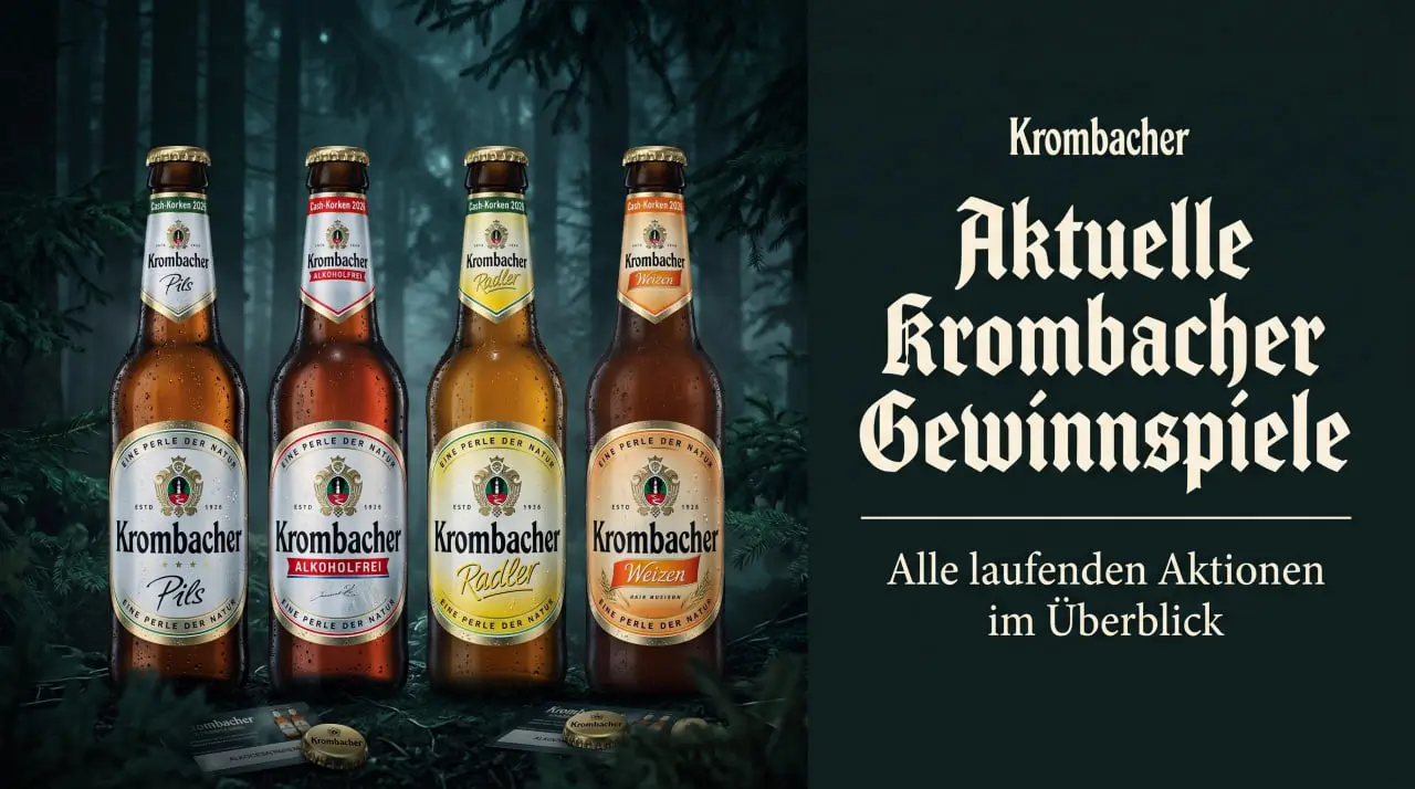 Krombacher Gewinnspiel 2026: vier Krombacher-Flaschen vor Waldkulisse, Titel „Aktuelle Krombacher Gewinnspiele“